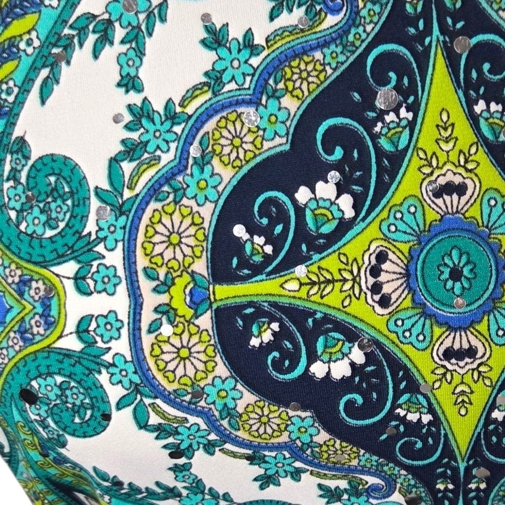 Joseph Ribkoff Blue and Green Paisley Midi Dress With Small Silver Sequins 6 - Picture 5 of 6